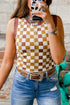 Brown Checkered Ribbed Trim Knit Sweater Vest